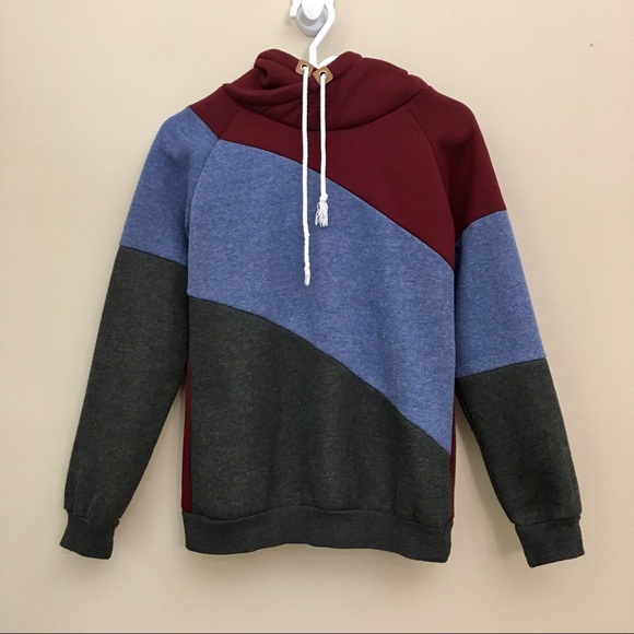 FASHION Fleece Lined Red Blue Gray Colourblock Hoodie Sweatshirt - Picture 1 of 6